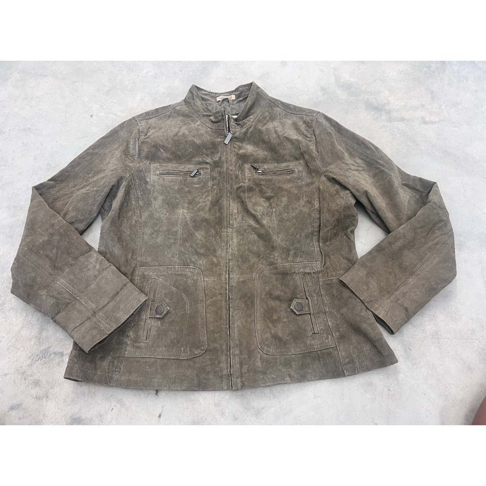 Ruff Hewn Jacket Mens XL Brown Suede Leather Full Zip Utility Pocket Outerwear